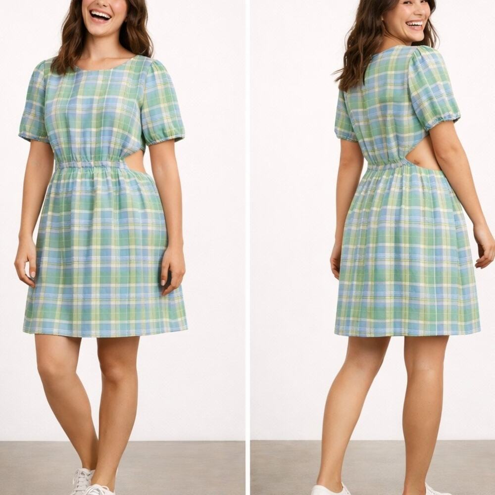 Green Blue Plaid Cotton Dress XL Puff Sleeve Cottagecore Preppy Festival